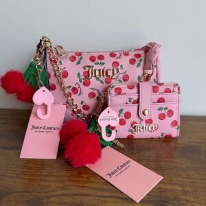 New Juicy Couture Cherry Girl Pink red Wristlet Wallet Clutch Set Mini Handbag